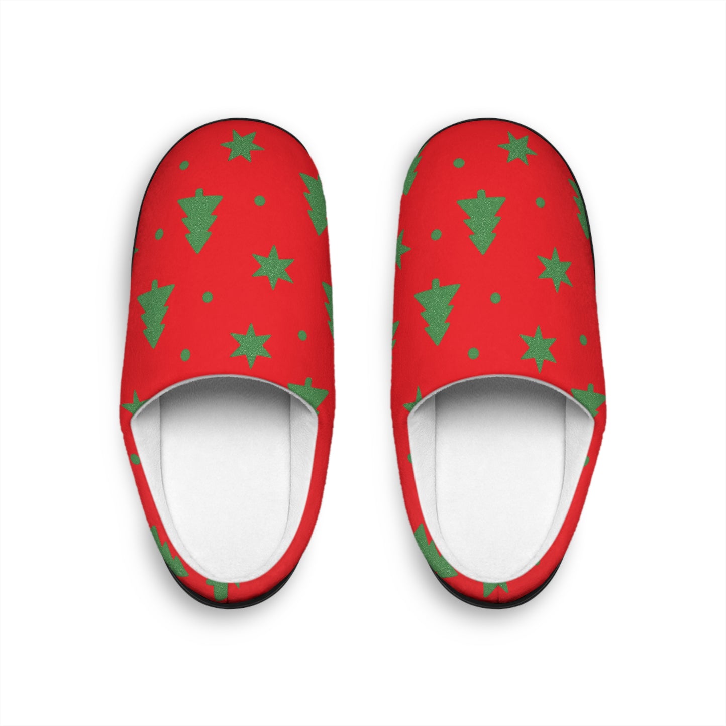 Merry & Bright Christmas Slippers – Red Holiday Slippers with Green Tree Print by Hula Girls Hideaway