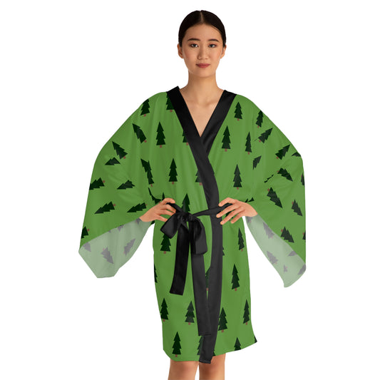 Evergreen Dreams Christmas Robe – Green Holiday Robe with Black Christmas Tree Print by Hula Girls Hideaway