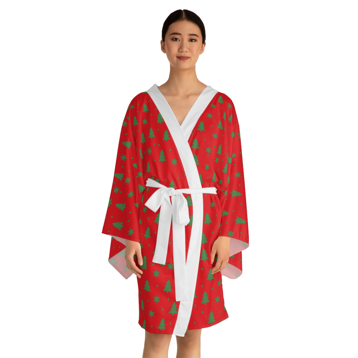 Merry & Bright Christmas Robe – Red Holiday Robe with Green Tree Print by Hula Girls Hideaway