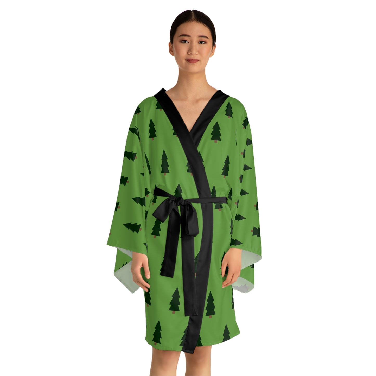 Evergreen Dreams Christmas Robe – Green Holiday Robe with Black Christmas Tree Print by Hula Girls Hideaway