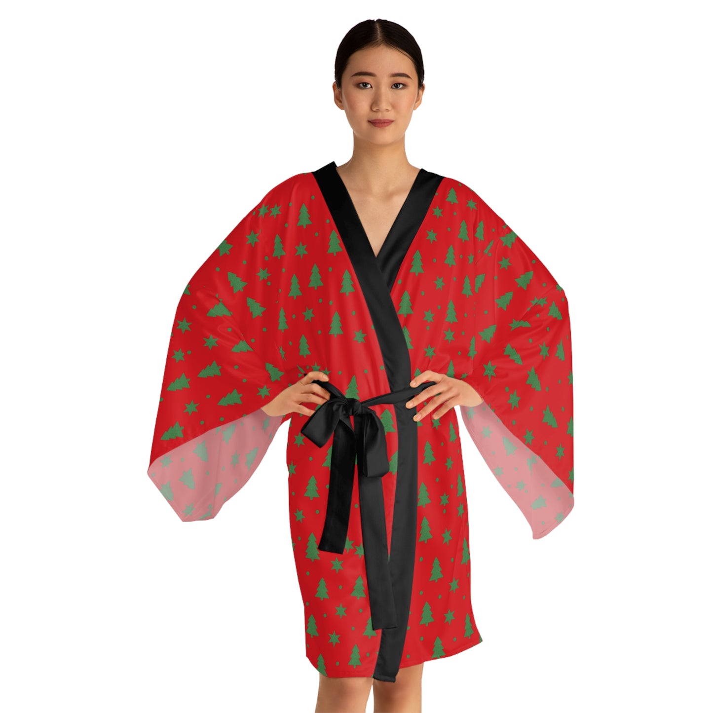 Merry & Bright Christmas Robe – Red Holiday Robe with Green Tree Print by Hula Girls Hideaway