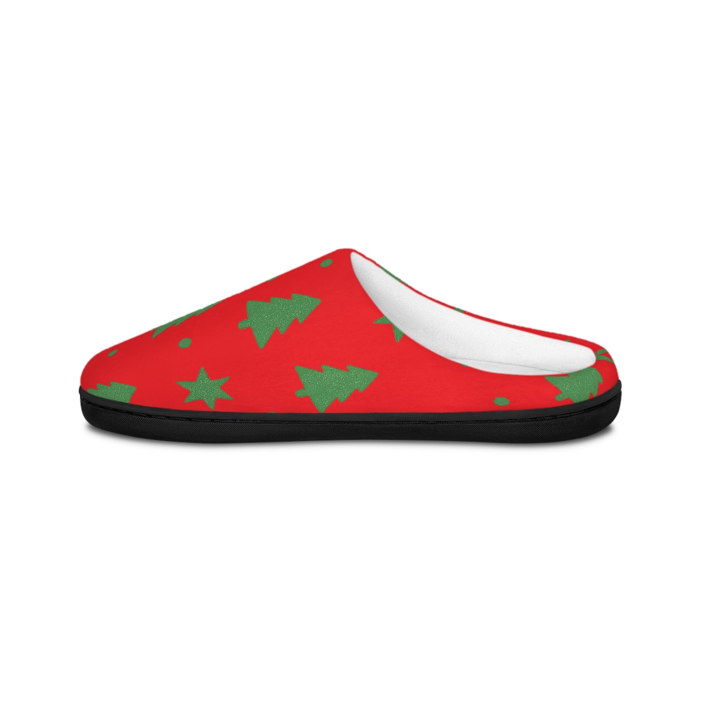 Merry & Bright Christmas Slippers – Red Holiday Slippers with Green Tree Print by Hula Girls Hideaway