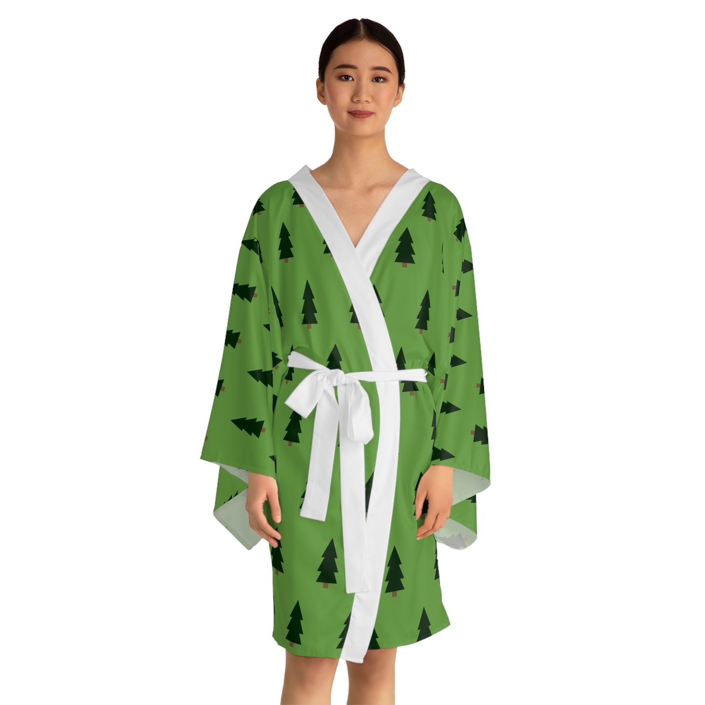 Evergreen Dreams Christmas Robe – Green Holiday Robe with Black Christmas Tree Print by Hula Girls Hideaway
