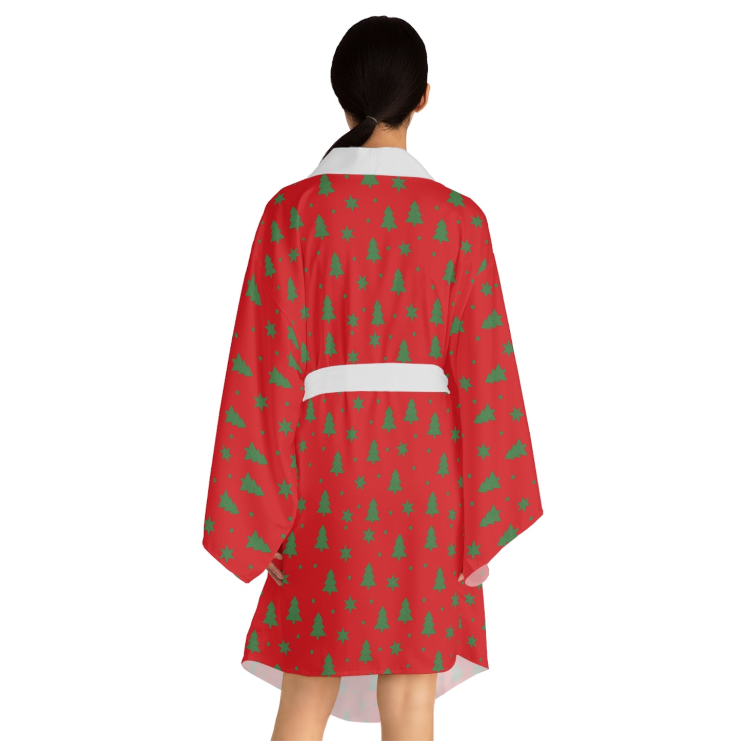 Merry & Bright Christmas Robe – Red Holiday Robe with Green Tree Print by Hula Girls Hideaway