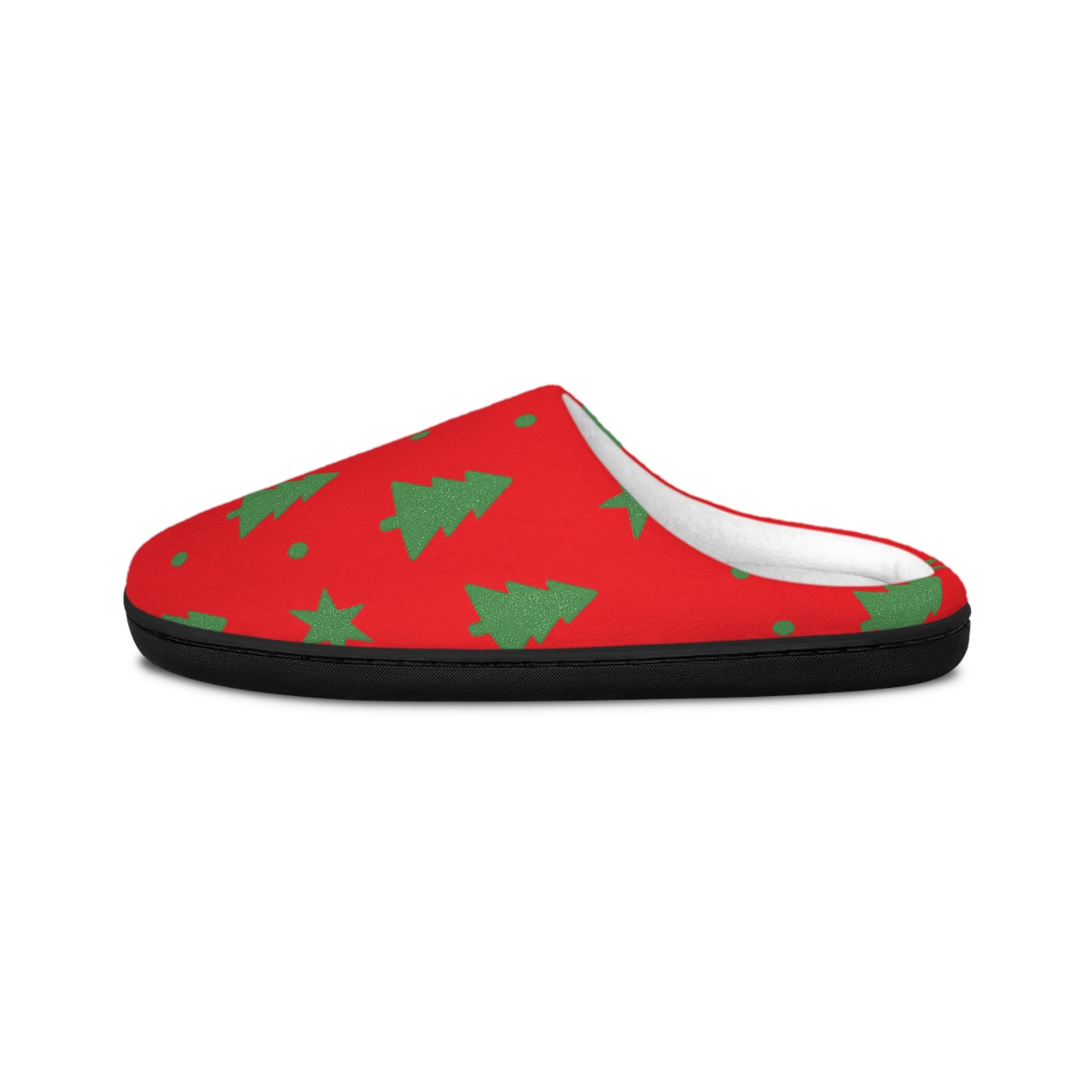Merry & Bright Christmas Slippers – Red Holiday Slippers with Green Tree Print by Hula Girls Hideaway