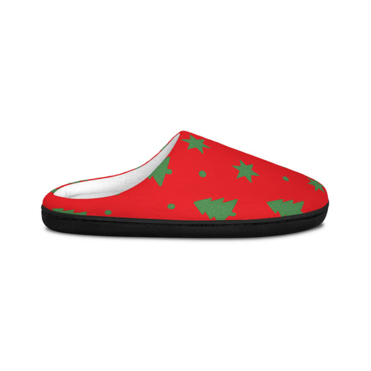 Merry & Bright Christmas Slippers – Red Holiday Slippers with Green Tree Print by Hula Girls Hideaway