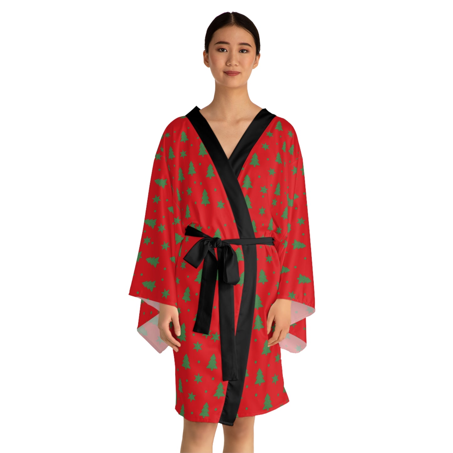 Merry & Bright Christmas Robe – Red Holiday Robe with Green Tree Print by Hula Girls Hideaway