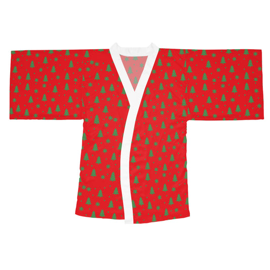 Merry & Bright Christmas Robe – Red Holiday Robe with Green Tree Print by Hula Girls Hideaway