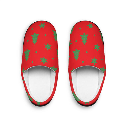 Merry & Bright Christmas Slippers – Red Holiday Slippers with Green Tree Print by Hula Girls Hideaway