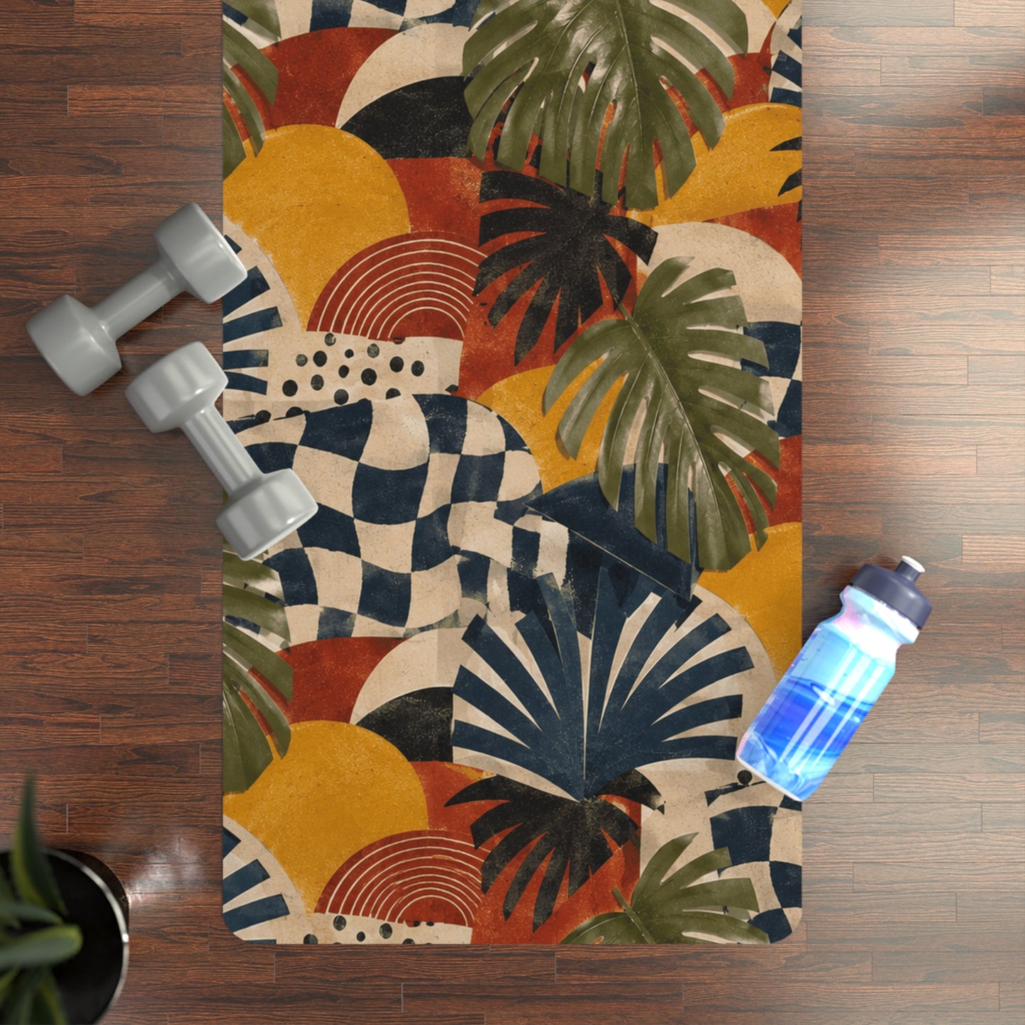 Tropical Palm Rubber Yoga Mat — Colorful Retro Checker & Sunset Print