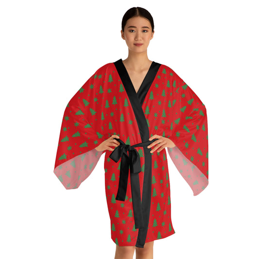 Merry & Bright Christmas Robe – Red Holiday Robe with Green Tree Print by Hula Girls Hideaway