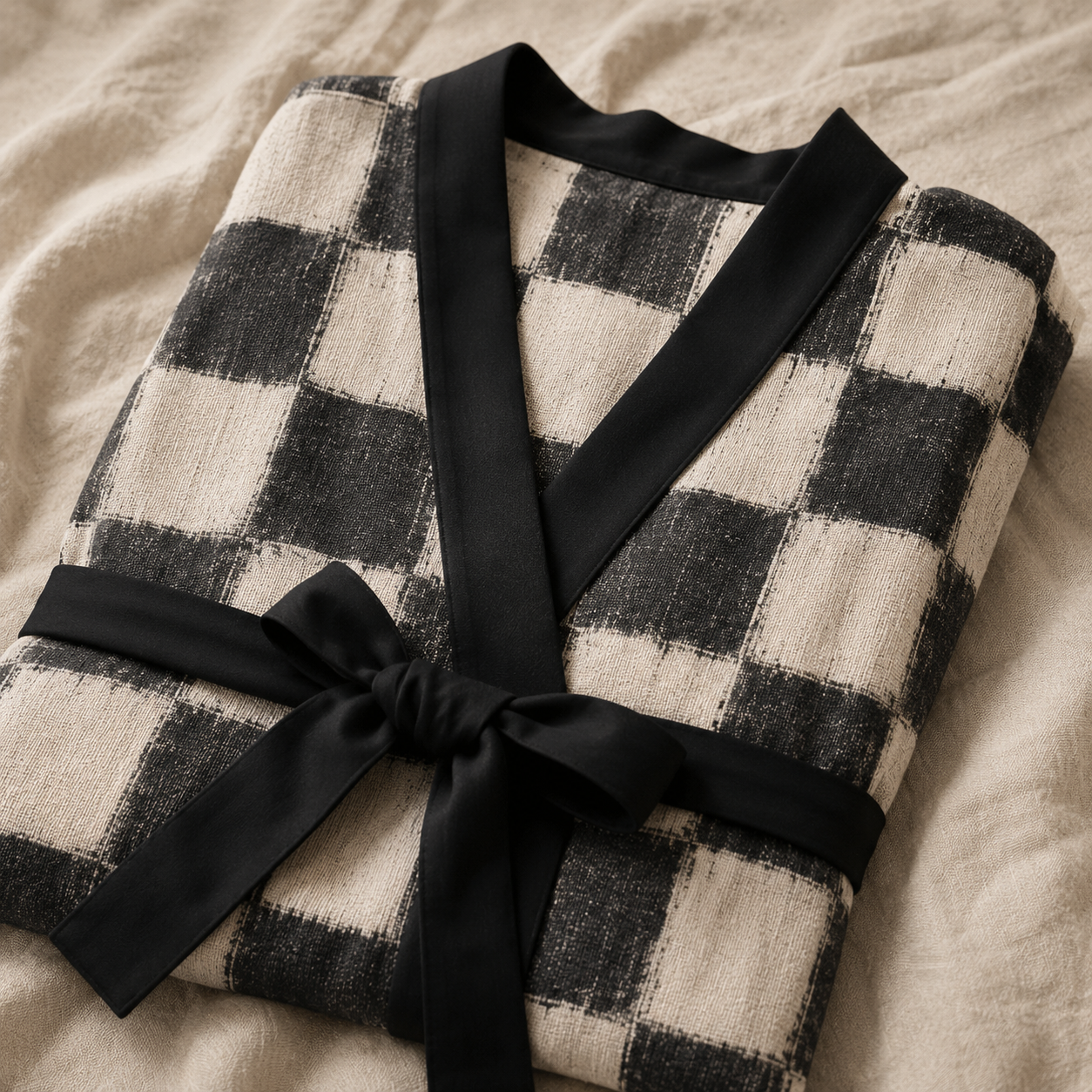 Vintage Hide‑Away™ Brushed Checker Kimono Robe — Charcoal + Oat