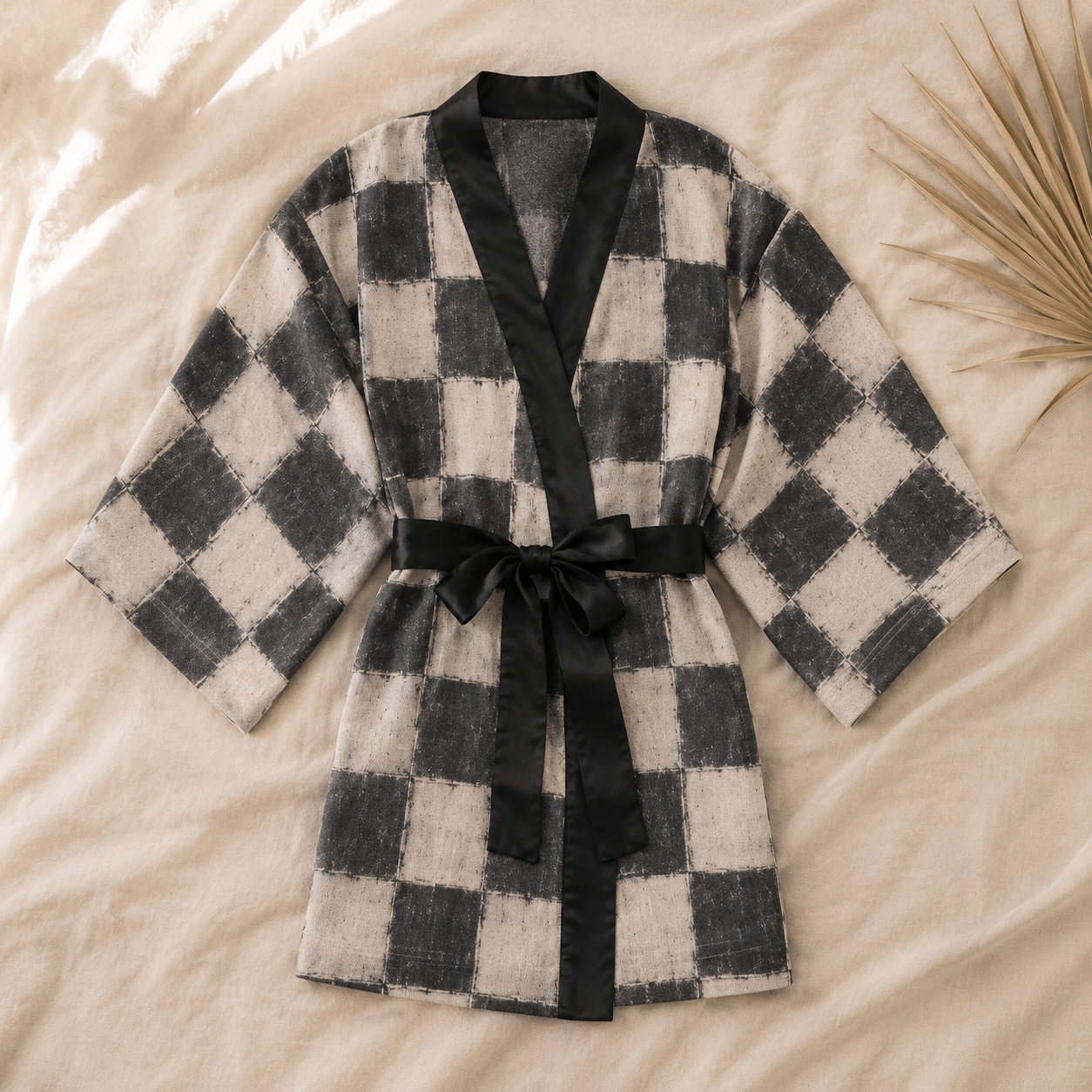 Vintage Hide‑Away™ Brushed Checker Kimono Robe — Charcoal + Oat