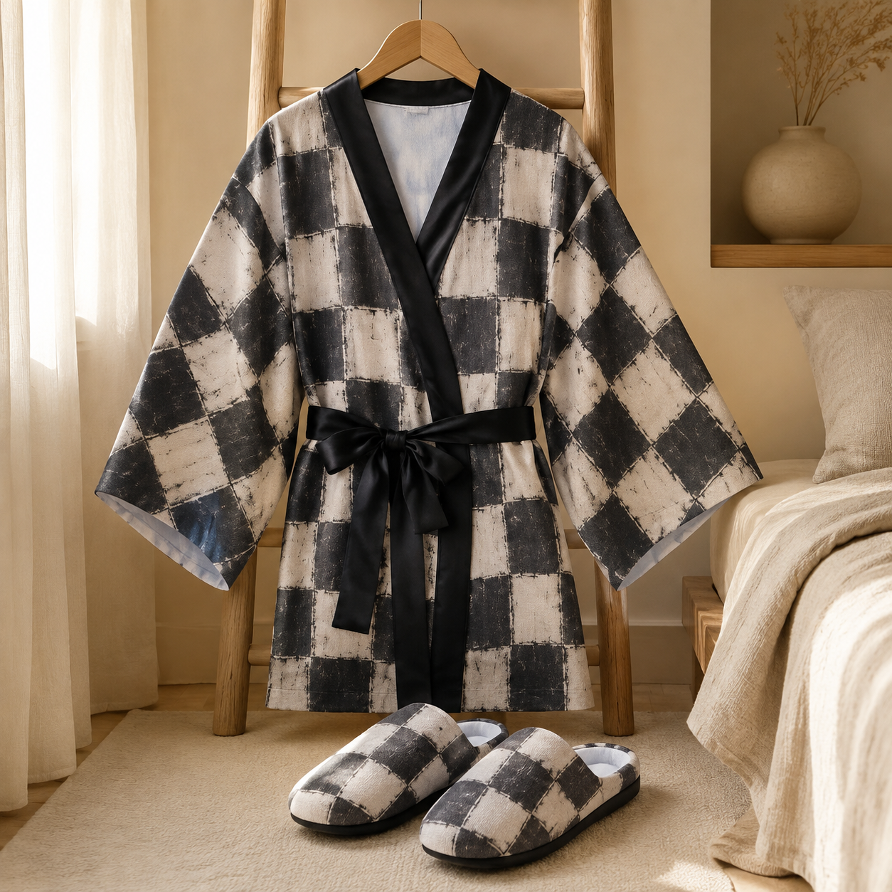 Vintage Hide‑Away™ Brushed Checker Kimono Robe — Charcoal + Oat