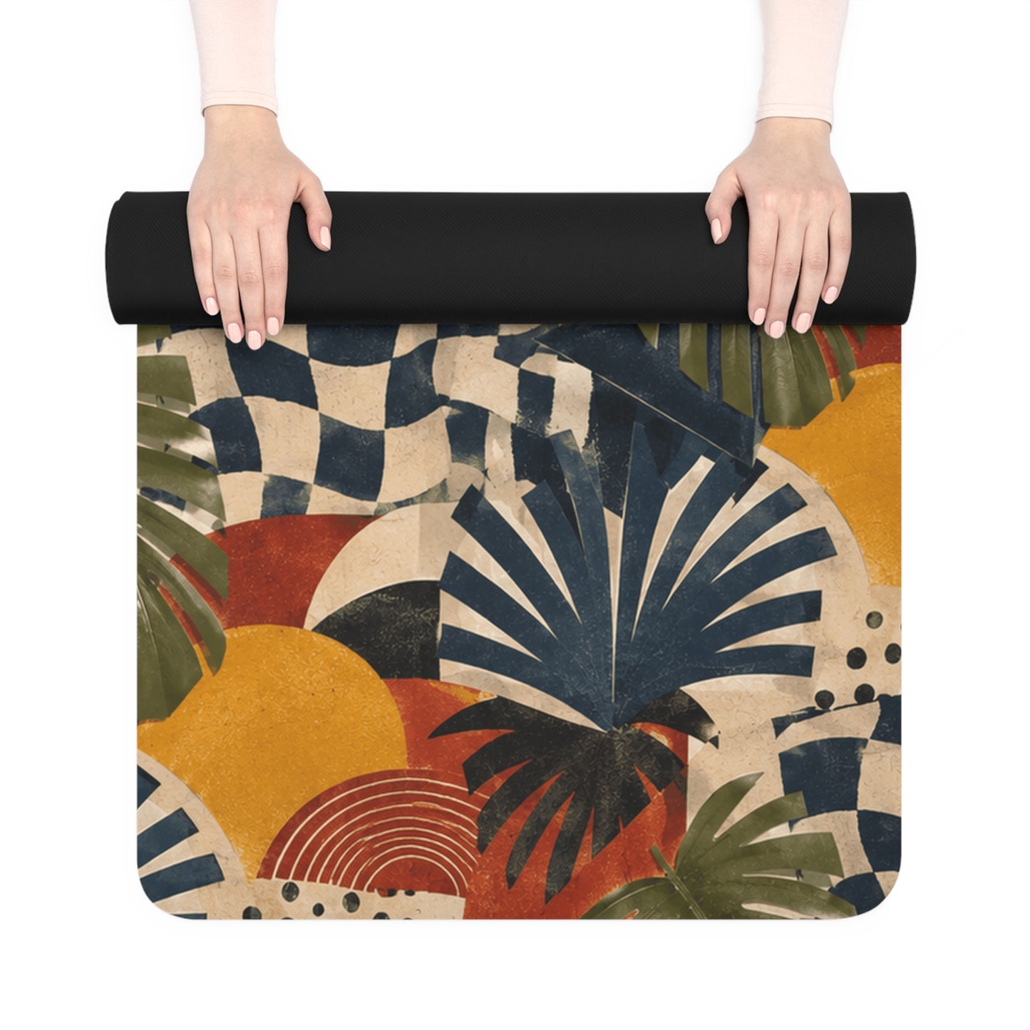 Tropical Palm Rubber Yoga Mat — Colorful Retro Checker & Sunset Print