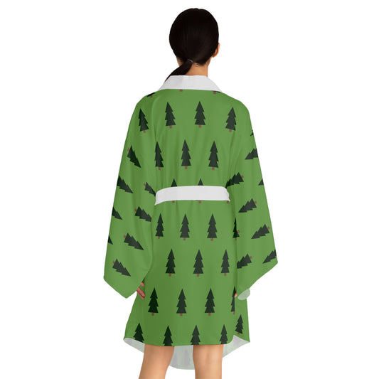 Evergreen Dreams Christmas Robe – Green Holiday Robe with Black Christmas Tree Print by Hula Girls Hideaway