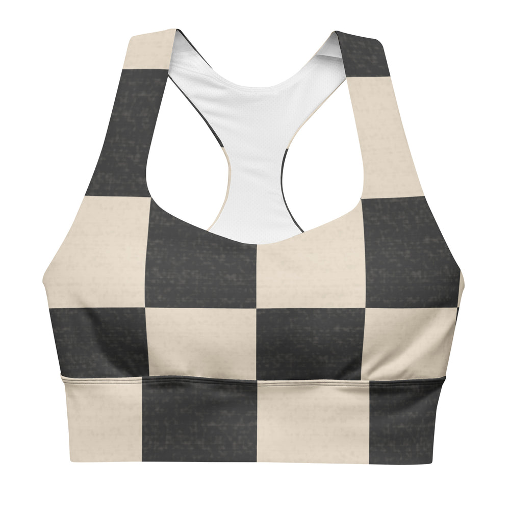 Vintage Hide-Away™ Brushed Checker Longline Sports Bra — Charcoal + Oat